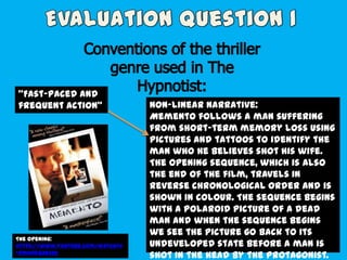 ‚Fast-paced and
frequent action‛ Non-linear narrative:
Memento follows a man suffering
from short-term memory loss using
pictures and tattoos to identify the
man who he believes shot his wife.
The opening sequence, which is also
the end of the film, travels in
reverse chronological order and is
shown in colour. The sequence begins
with a Polaroid picture of a dead
man and when the sequence begins
we see the picture go back to its
undeveloped state before a man is
shot in the head by the protagonist.
The opening:
https://www.youtube.com/watch?v
=RmK0eQ2GC6U
 