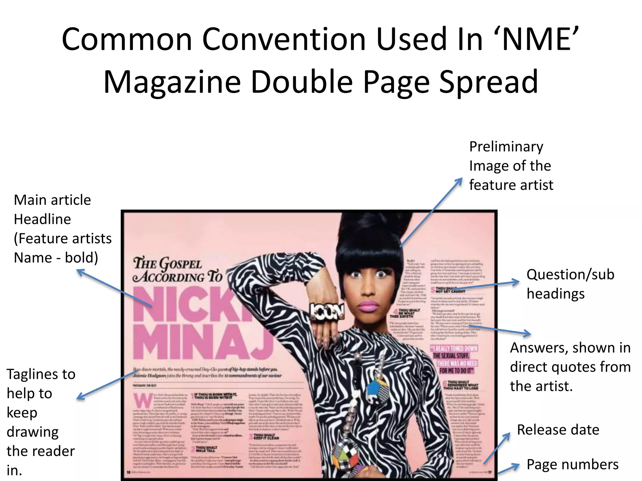 Common Convention Used In ‘NME’
Magazine Double Page Spread
Preliminary
Image of the
feature artist
Question/sub
headings
Answers, shown in
direct quotes from
the artist.
Release date
Page numbers
Main article
Headline
(Feature artists
Name - bold)
Taglines to
help to
keep
drawing
the reader
in.
 