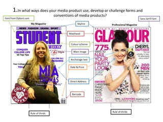In what ways does your media product use, develop or challenge forms and 
conventions of media products? 
My Magazine Skyline 
Professional Magazine 
Masthead 
Main image 
Anchorage text 
Date & Price 
Direct Address 
Barcode 
Rule of thirds 
Colour scheme 
Font from Dafont.com 
Rule of thirds 
1. 
Sans Serif Font 
 
