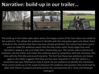 The build-up in the trailer takes place where the happy scenes of the two sisters are visible to
the audience. This allows the audience to identify with the characters again and allows them
to build on the storyline that they may have already predicted. The scenes have been put in
place to make the audience aware that the two sisters were living happy lives until
‘deception’ played a role and made their relationship sour. The scenes add an element of
emotions into the trailer and makes the audience want to sympathise with the character. This
links with the film title and overall storyline. The fact that these two actresses are shown
again in the trailer suggests that they are the main characters in the film which is a
convention we have followed to make it easier for our audience to identify the characters.
These scenes build-up on the suspense because the audience will question why Sarah had an
affair with Shiwa’s husband and what will be the consequences of it. (how will Shiwa get
revenge?)
 