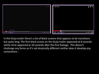 In the Ouija trailer there’s a lot of black screens that appears to be transitions
but quite long. The first black screen on the Ouija trailer appeared at 8 seconds
whilst mine appeared at 10 seconds after the first footage. This doesn’t
challenge any forms as it’s not drastically different neither does it develop any
conventions .
 