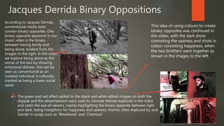 Jacques Derrida Binary Oppositions
 The green and red effect added to the black and white edited images on both the
digipak and the advertisement were used to connote themes explored in the video
and catch the eye of viewers, mainly highlighting the binary opposite between light
and dark, being metaphors for happiness and sadness, themes often explored by Jack
Garratt in songs such as ‘Weathered’ and ‘Chemical’.
According to Jacques Derrida,
conventional media texts
contain binary opposites. One
binary opposite apparent in our
music video is the binary
between having family and
being alone, evident from the
images to the right. In the video
we explore being alone as the
worse of the two by showing
emotional distress, this can be
seen as conventional as an
isolated individual is culturally
marked as being a lower social
value.
This idea of using colours to create
binary opposites was continued in
the video, with the dark shots
connoting the sadness and shots in
colour connoting happiness, when
the two brothers were together as
shown in the images to the left.
 