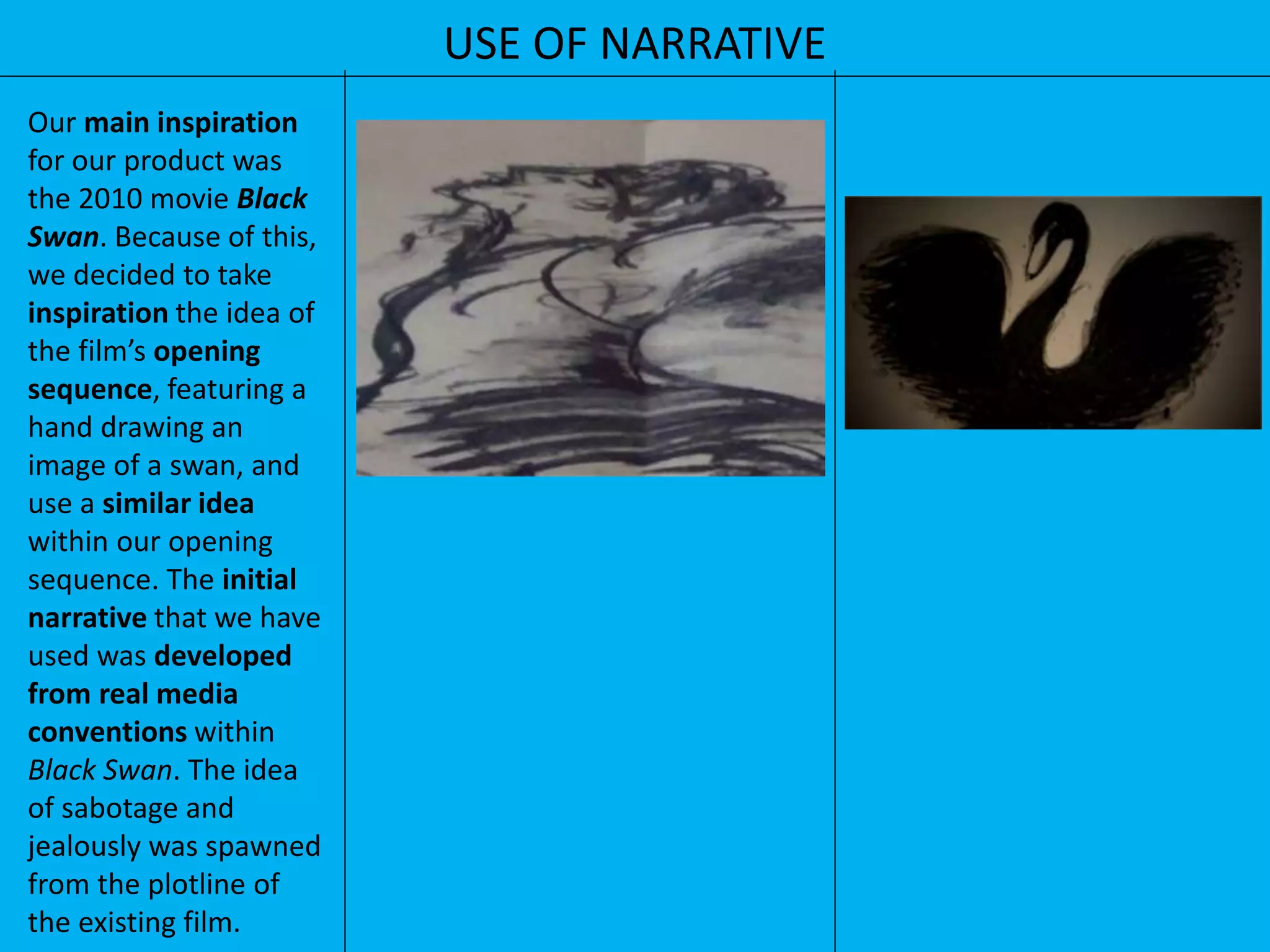 USE OF NARRATIVE
Our main inspiration
for our product was
the 2010 movie Black
Swan. Because of this,
we decided to take
inspiration the idea of
the film’s opening
sequence, featuring a
hand drawing an
image of a swan, and
use a similar idea
within our opening
sequence. The initial
narrative that we have
used was developed
from real media
conventions within
Black Swan. The idea
of sabotage and
jealously was spawned
from the plotline of
the existing film.
 