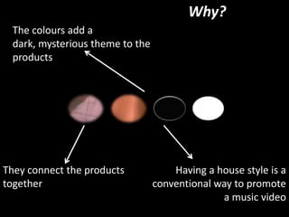 Why?The colours add a dark, mysterious theme to the productsThey connect the productstogetherHaving a house style is a conventional way to promote a music video