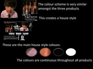 The colour scheme is very similar amongst the three productsThis creates a house styleThese are the main house style colours: The colours are continuous throughout all products