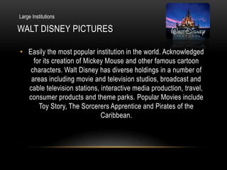 Large Institutions

WALT DISNEY PICTURES

• Easily the most popular institution in the world. Acknowledged
    for its creation of Mickey Mouse and other famous cartoon
   characters. Walt Disney has diverse holdings in a number of
   areas including movie and television studios, broadcast and
  cable television stations, interactive media production, travel,
  consumer products and theme parks. Popular Movies include
      Toy Story, The Sorcerers Apprentice and Pirates of the
                             Caribbean.
 