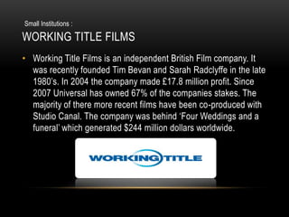 Small Institutions :

WORKING TITLE FILMS
• Working Title Films is an independent British Film company. It
  was recently founded Tim Bevan and Sarah Radclyffe in the late
  1980’s. In 2004 the company made £17.8 million profit. Since
  2007 Universal has owned 67% of the companies stakes. The
  majority of there more recent films have been co-produced with
  Studio Canal. The company was behind ‘Four Weddings and a
  funeral’ which generated $244 million dollars worldwide.
 