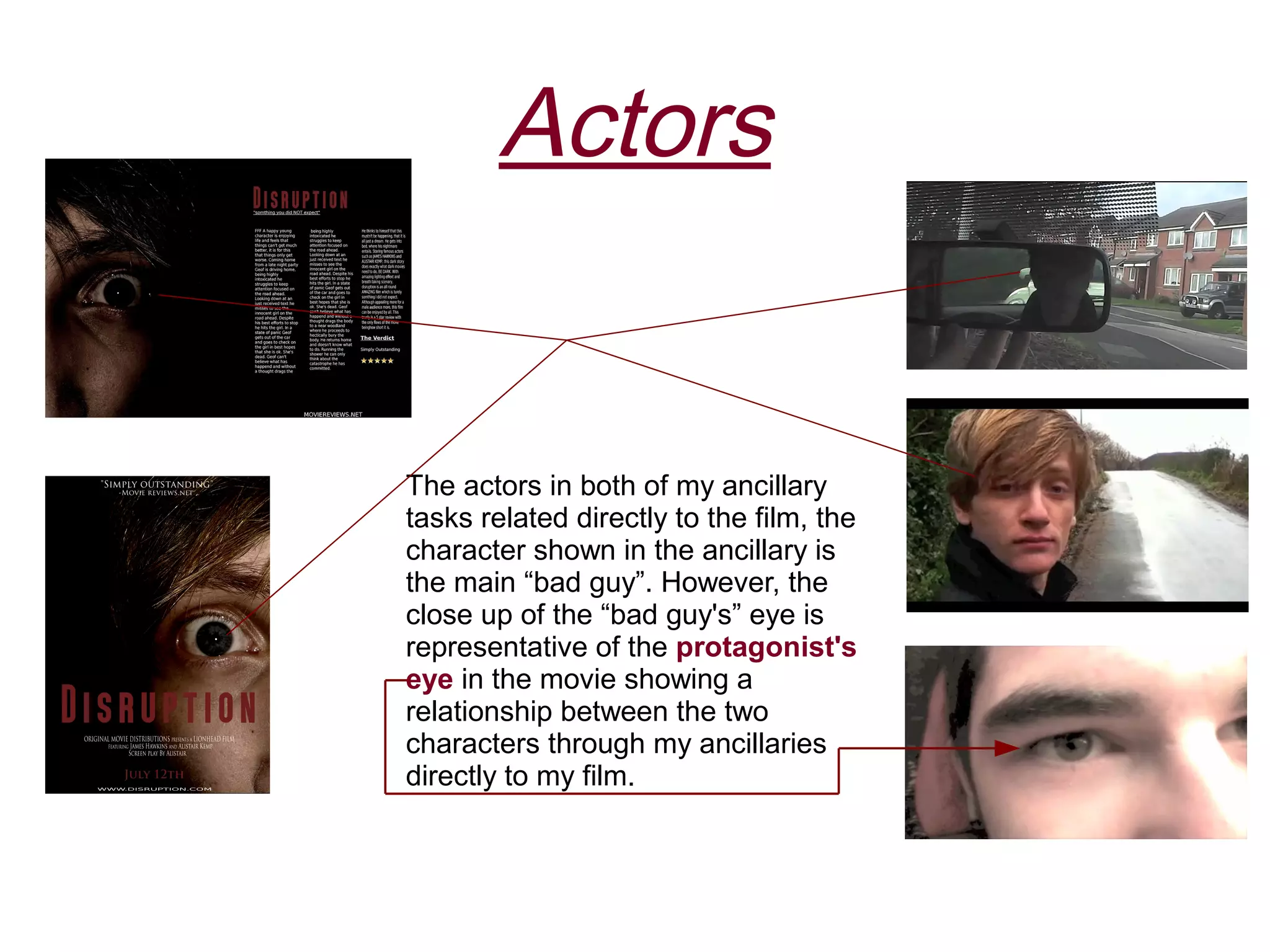 Actors


The actors in both of my ancillary
tasks related directly to the film, the
character shown in the ancillary is
the main “bad guy”. However, the
close up of the “bad guy's” eye is
representative of the protagonist's
eye in the movie showing a
relationship between the two
characters through my ancillaries
directly to my film.
 