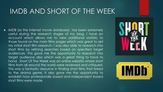 IMDB AND SHORT OF THE WEEK
 IMDB (or the internet movie database) has been extremely
useful during the research stages of my blog. I have an
account which allows me to view additional statistic to
those found on the main films pages which was great to aid
my initial short film research. I was also able to research into
short films by refining searches based on specified target
audiences. This gave me the opportunity to research into
target audience also which was a great thing to have to
hand. Short Of The Week was an online website where short
films from all around the world were reviewed and critiqued.
This was a fantastic resource in finding short films that linked
to the drama genre. It also gave me the opportunity to
establish how professionally based and independent based
short films were made
 