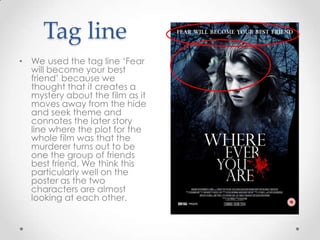 Tag line
• We used the tag line ‘Fear
will become your best
friend’ because we
thought that it creates a
mystery about the film as it
moves away from the hide
and seek theme and
connotes the later story
line where the plot for the
whole film was that the
murderer turns out to be
one the group of friends
best friend. We think this
particularly well on the
poster as the two
characters are almost
looking at each other.

 
