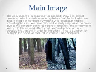 Main Image
•

The conventions of a horror movies generally show dark dismal
colours in order to create a eerie mysterious feel. So this is what we
tried to create in our trailer by working with the colours and de
saturating the clips. We have also tried to really emphasise the colour
blue as this generally connotes coldness, loneliness and a foggy eerie
feel. To do this we used effect 'cold steel' on Final cut pro and
adjusted the shadows in order for important things to stand out for
example the blood we wanted to stand out as a deep red.

 