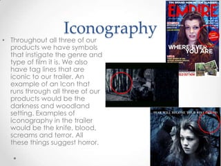 Iconography

• Throughout all three of our
products we have symbols
that instigate the genre and
type of film it is. We also
have tag lines that are
iconic to our trailer. An
example of an Icon that
runs through all three of our
products would be the
darkness and woodland
setting. Examples of
iconography in the trailer
would be the knife, blood,
screams and terror. All
these things suggest horror.

 
