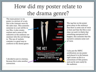 How did my poster relate to
the drama genre?
The main picture in my
poster is a picture of a suit,
this is the costume worn by
the sales man. This connotes
someone in a suit will be in
our film, it also creates
realism and a sense of the
unknown as the audience are
unaware who the suit belongs
to. The use of realistic
costume is a good way to
conform to the drama genre.

I decided to put in cinemas,
because this is also another
convection.

The tag line on the poster
gives away to the audience
that there is some sort of twist
or hint and that the film is not
clear cut and it is likely that
something unexpected will
happen, this connotes that the
narrative contains some sort
of twist.

I also put the BBFC
certification on my poster
and placed it in the bottom
right corner as this is a
convention of film posters
and can be seen easily by
the audience.

 