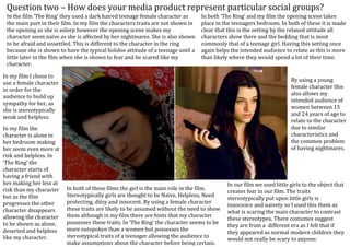 Question two – How does your media product represent particular social groups?
In my film I chose to
use a female character
in order for the
audience to build up
sympathy for her, as
she is stereotypically
weak and helpless.
In the film ‘The Ring’ they used a dark haired teenage female character as
the main part in their film. In my film the characters traits are not shown in
the opening as she is asleep however the opening scene makes my
character seem naive as she is affected by her nightmares. She is also shown
to be afraid and unsettled. This is different to the character in the ring
because she is shown to have the typical bolshie attitude of a teenage until a
little later in the film when she is shown to fear and be scared like my
character.
By using a young
female character this
also allows my
intended audience of
women between 15
and 24 years of age to
relate to the character
due to similar
characteristics and
the common problem
of having nightmares.
In both ‘The Ring’ and my film the opening scene takes
place in the teenagers bedroom. In both of these it is made
clear that this is the setting by the relaxed attitude all
characters show there and the bedding that is most
commonly that of a teenage girl. Having this setting once
again helps the intended audience to relate as this is more
than likely where they would spend a lot of their time.
In my film the
character is alone in
her bedroom making
her seem even more at
risk and helpless. In
‘The Ring’ the
character starts of
having a friend with
her making her less at
risk than my character
but as the film
progresses the other
character disappears
allowing the character
to be shown as alone,
deserted and helpless
like my character.
In both of these films the girl is the main role in the film.
Stereotypically girls are thought to be Naïve, Helpless, Need
protecting, ditsy and innocent. By using a female character
these traits are likely to be assumed without the need to show
them although in my film there are hints that my character
possesses these traits. In ‘The Ring’ the character seems to be
more outspoken than a women but possesses the
stereotypical traits of a teenager allowing the audience to
make assumptions about the character before being certain.
In our film we used little girls to the object that
creates fear in our film. The traits
stereotypically put upon little girls is
innocence and naivety so I used this them as
what is scaring the main character to contrast
these stereotypes. There costumes suggest
they are from a different era as I felt that if
they appeared as normal modern children they
would not really be scary to anyone.
 