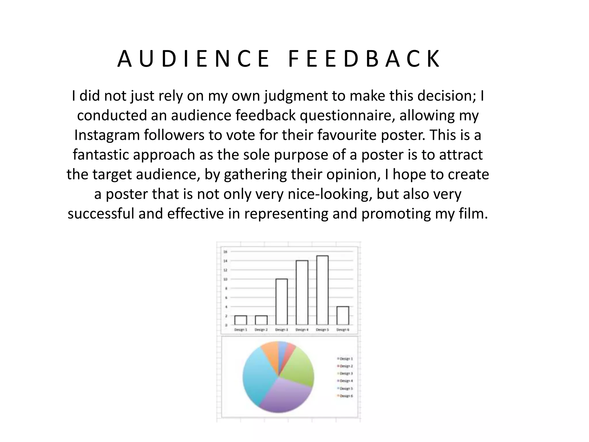A U D I E N C E F E E D B A C K
I did not just rely on my own judgment to make this decision; I
conducted an audience feedback questionnaire, allowing my
Instagram followers to vote for their favourite poster. This is a
fantastic approach as the sole purpose of a poster is to attract
the target audience, by gathering their opinion, I hope to create
a poster that is not only very nice-looking, but also very
successful and effective in representing and promoting my film.
 