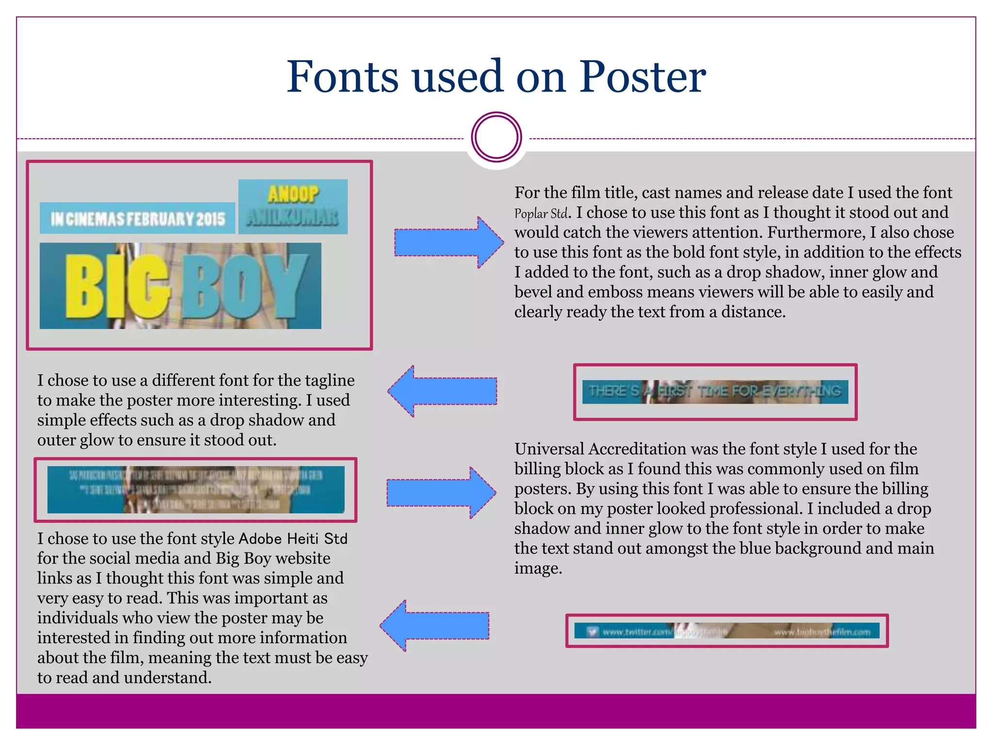 Fonts used on Poster
For the film title, cast names and release date I used the font
Poplar Std. I chose to use this font as I thought it stood out and
would catch the viewers attention. Furthermore, I also chose
to use this font as the bold font style, in addition to the effects
I added to the font, such as a drop shadow, inner glow and
bevel and emboss means viewers will be able to easily and
clearly ready the text from a distance.
Universal Accreditation was the font style I used for the
billing block as I found this was commonly used on film
posters. By using this font I was able to ensure the billing
block on my poster looked professional. I included a drop
shadow and inner glow to the font style in order to make
the text stand out amongst the blue background and main
image.
I chose to use the font style Adobe Heiti Std
for the social media and Big Boy website
links as I thought this font was simple and
very easy to read. This was important as
individuals who view the poster may be
interested in finding out more information
about the film, meaning the text must be easy
to read and understand.
I chose to use a different font for the tagline
to make the poster more interesting. I used
simple effects such as a drop shadow and
outer glow to ensure it stood out.
 