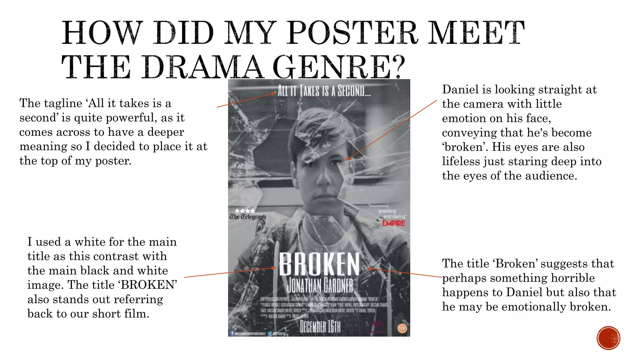 The title ‘Broken’ suggests that
perhaps something horrible
happens to Daniel but also that
he may be emotionally broken.
The tagline ‘All it takes is a
second’ is quite powerful, as it
comes across to have a deeper
meaning so I decided to place it at
the top of my poster.
I used a white for the main
title as this contrast with
the main black and white
image. The title ‘BROKEN’
also stands out referring
back to our short film.
Daniel is looking straight at
the camera with little
emotion on his face,
conveying that he's become
‘broken’. His eyes are also
lifeless just staring deep into
the eyes of the audience.
 