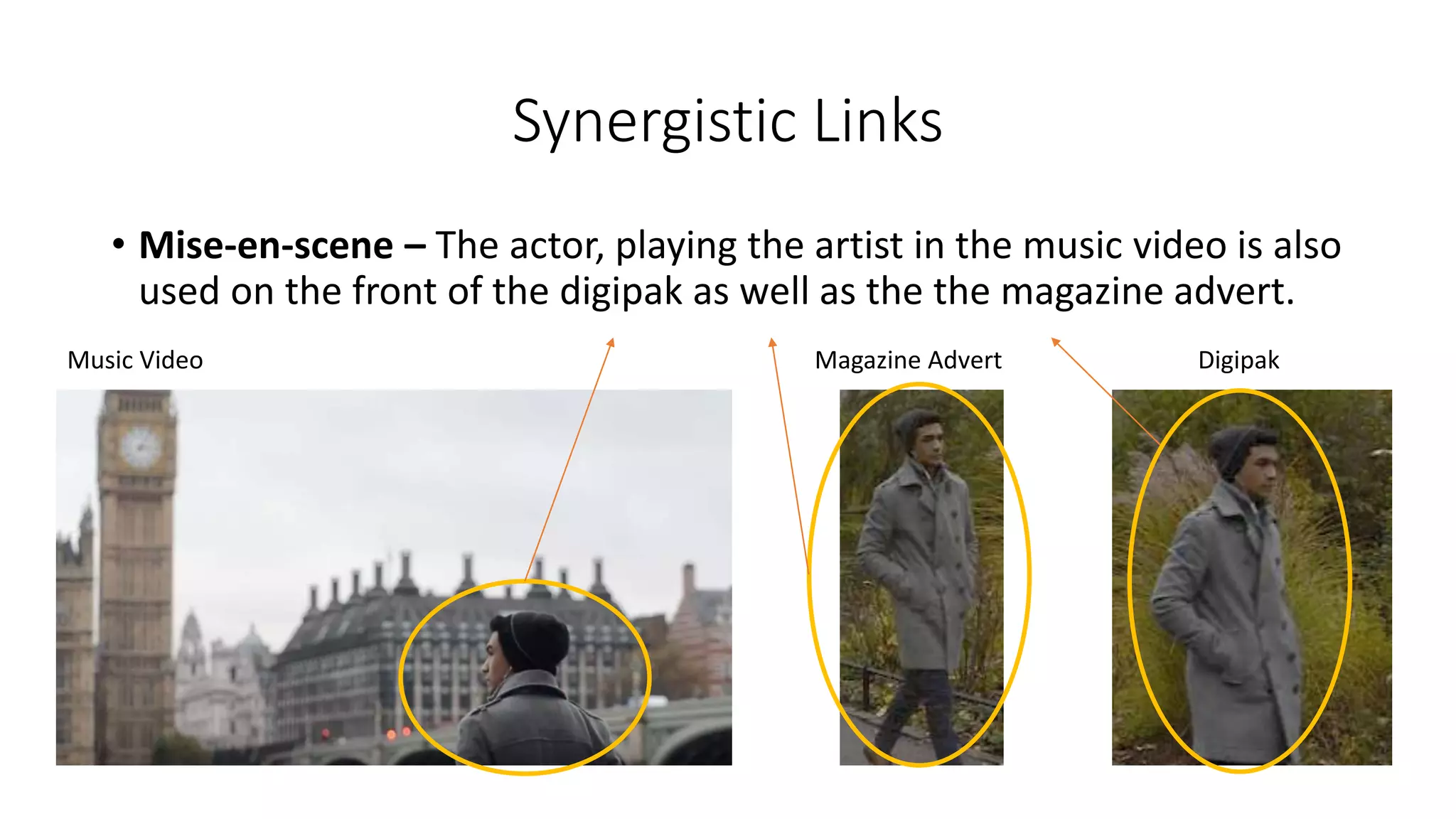 • Mise-en-scene – The actor, playing the artist in the music video is also
used on the front of the digipak as well as the the magazine advert.
Synergistic Links
Music Video Magazine Advert Digipak
 