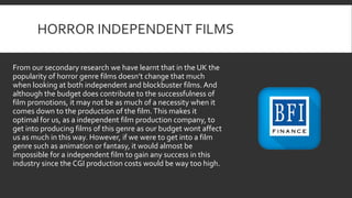 HORROR INDEPENDENT FILMS
From our secondary research we have learnt that in the UK the
popularity of horror genre films doesn’t change that much
when looking at both independent and blockbuster films. And
although the budget does contribute to the successfulness of
film promotions, it may not be as much of a necessity when it
comes down to the production of the film.This makes it
optimal for us, as a independent film production company, to
get into producing films of this genre as our budget wont affect
us as much in this way. However, if we were to get into a film
genre such as animation or fantasy, it would almost be
impossible for a independent film to gain any success in this
industry since the CGI production costs would be way too high.
 