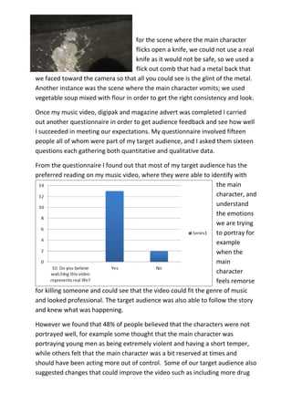 for the scene where the main character
                                    flicks open a knife, we could not use a real
                                    knife as it would not be safe, so we used a
                                    flick out comb that had a metal back that
we faced toward the camera so that all you could see is the glint of the metal.
Another instance was the scene where the main character vomits; we used
vegetable soup mixed with flour in order to get the right consistency and look.

Once my music video, digipak and magazine advert was completed I carried
out another questionnaire in order to get audience feedback and see how well
I succeeded in meeting our expectations. My questionnaire involved fifteen
people all of whom were part of my target audience, and I asked them sixteen
questions each gathering both quantitative and qualitative data.

From the questionnaire I found out that most of my target audience has the
preferred reading on my music video, where they were able to identify with
                                                                  the main
                                                                  character, and
                                                                  understand
                                                                  the emotions
                                                                  we are trying
                                                                  to portray for
                                                                  example
                                                                  when the
                                                                  main
                                                                  character
                                                                  feels remorse
for killing someone and could see that the video could fit the genre of music
and looked professional. The target audience was also able to follow the story
and knew what was happening.

However we found that 48% of people believed that the characters were not
portrayed well, for example some thought that the main character was
portraying young men as being extremely violent and having a short temper,
while others felt that the main character was a bit reserved at times and
should have been acting more out of control. Some of our target audience also
suggested changes that could improve the video such as including more drug
 