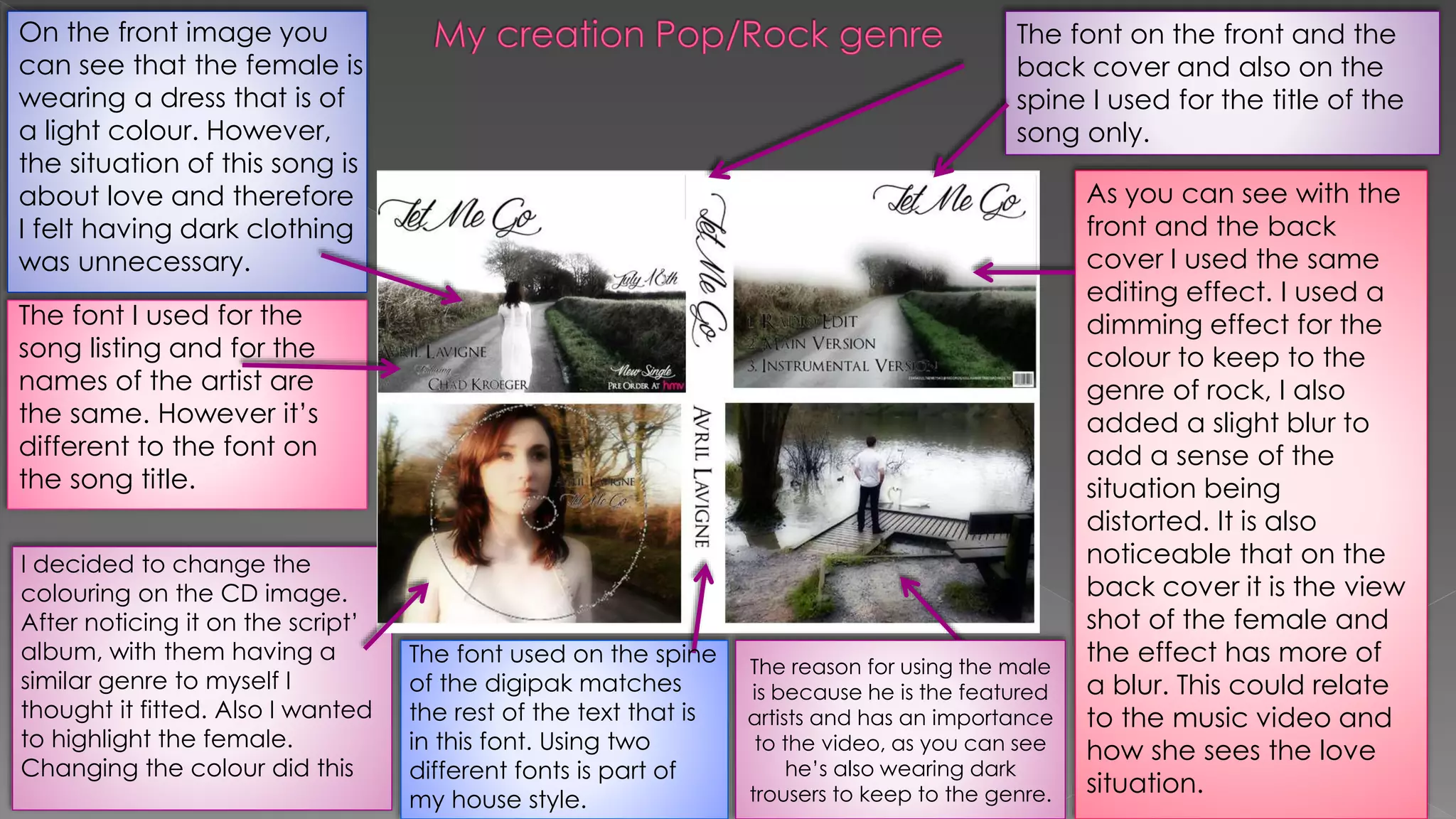 The font on the front and the
back cover and also on the
spine I used for the title of the
song only.
As you can see with the
front and the back
cover I used the same
editing effect. I used a
dimming effect for the
colour to keep to the
genre of rock, I also
added a slight blur to
add a sense of the
situation being
distorted. It is also
noticeable that on the
back cover it is the view
shot of the female and
the effect has more of
a blur. This could relate
to the music video and
how she sees the love
situation.
On the front image you
can see that the female is
wearing a dress that is of
a light colour. However,
the situation of this song is
about love and therefore
I felt having dark clothing
was unnecessary.
The font I used for the
song listing and for the
names of the artist are
the same. However it’s
different to the font on
the song title.
I decided to change the
colouring on the CD image.
After noticing it on the script’
album, with them having a
similar genre to myself I
thought it fitted. Also I wanted
to highlight the female.
Changing the colour did this
The font used on the spine
of the digipak matches
the rest of the text that is
in this font. Using two
different fonts is part of
my house style.
The reason for using the male
is because he is the featured
artists and has an importance
to the video, as you can see
he’s also wearing dark
trousers to keep to the genre.
 