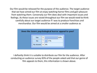 Our film would be released for the purpose of the audience. The target audience that we have aimed our film at enjoy watching horror films and gain pleasure from watching them. Conversely our film does deal with important issues and feelings. As these issues are raised throughout our film we would need to think carefully about our target audience if I was to produce franchises and merchandise. Our film would be aimed at a smaller audience as I defiantly think it is suitable to distribute our film for the audience. After conducting an audience survey 83% of the people asked said that our genre of film appeals to them, this information is shown above. 