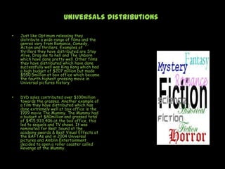 Universals distributions

•   Just like Optimum releasing they
    distribute a wide range of films and the
    genres vary from Romance, Comedy,
    Action and thrillers. Examples of
    thrillers they have distributed are Stay
    Alive, Drag me to hell and The Unborn
    which have done pretty well. Other films
    they have distributed which have done
    successfully well was King Kong which had
    a high budget of $207 million but made
    $550.5million at box office which became
    the fourth highest grossing movie in
    Universal pictures history.


•   DVD sales contributed over $100million
    towards the grosses. Another example of
    a film they have distributed which has
    done extremely well at box office is the
    1999 movie The Mummy. The Mummy had
    a budget of $80million and grossed total
    of $415,933,406 at the box office, this
    led to sequels and TV shows. It was
    nominated for Best Sound at the
    academy awards & Best Visual Effects at
    the BAFTAs and in 2004 Universal
    pictures and Amblin Entertainment
    decided to open a roller coaster called
    Revenge of the Mummy.
 