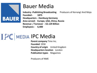 Bauer Media
Industry -Publishing Broadcasting Producers of Kerrang! And Mojo
Founded -      1875
Headquarters - Hamburg Germany
Area served - Europe, USA, China, Russia
Revenue / Turnover - €2.129 Billion
Employees - 6,400



       IPC Media
       Parent company Time Inc.
       Founded 1958
       Country of origin United Kingdom
       Headquarters location London
       Publication types Magazines

       Producers of NME
 