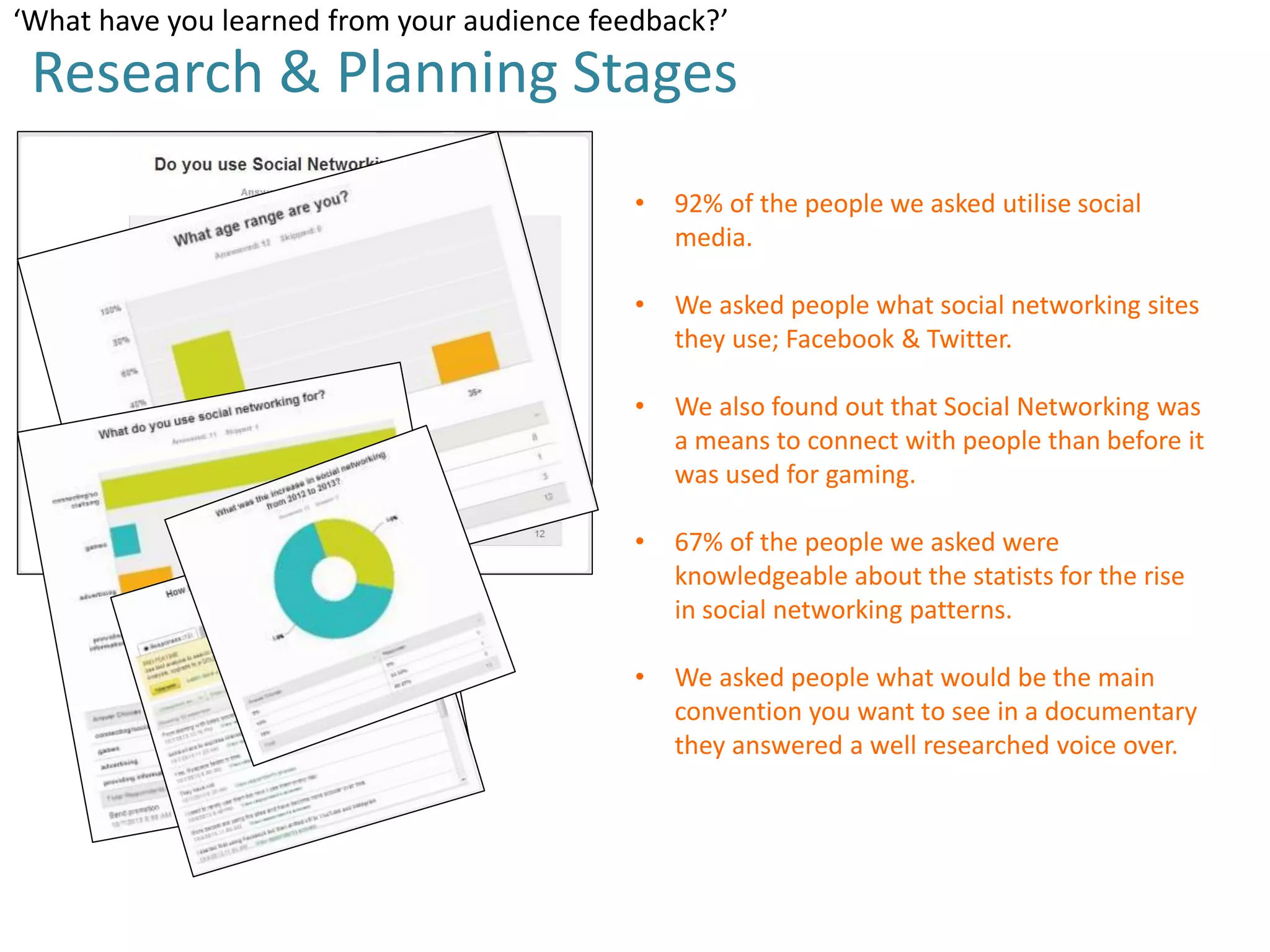 ‘What have you learned from your audience feedback?’

Research & Planning Stages
•

92% of the people we asked utilise social
media.

•

We asked people what social networking sites
they use; Facebook & Twitter.

•

We also found out that Social Networking was
a means to connect with people than before it
was used for gaming.

•

67% of the people we asked were
knowledgeable about the statists for the rise
in social networking patterns.

•

We asked people what would be the main
convention you want to see in a documentary
they answered a well researched voice over.

 