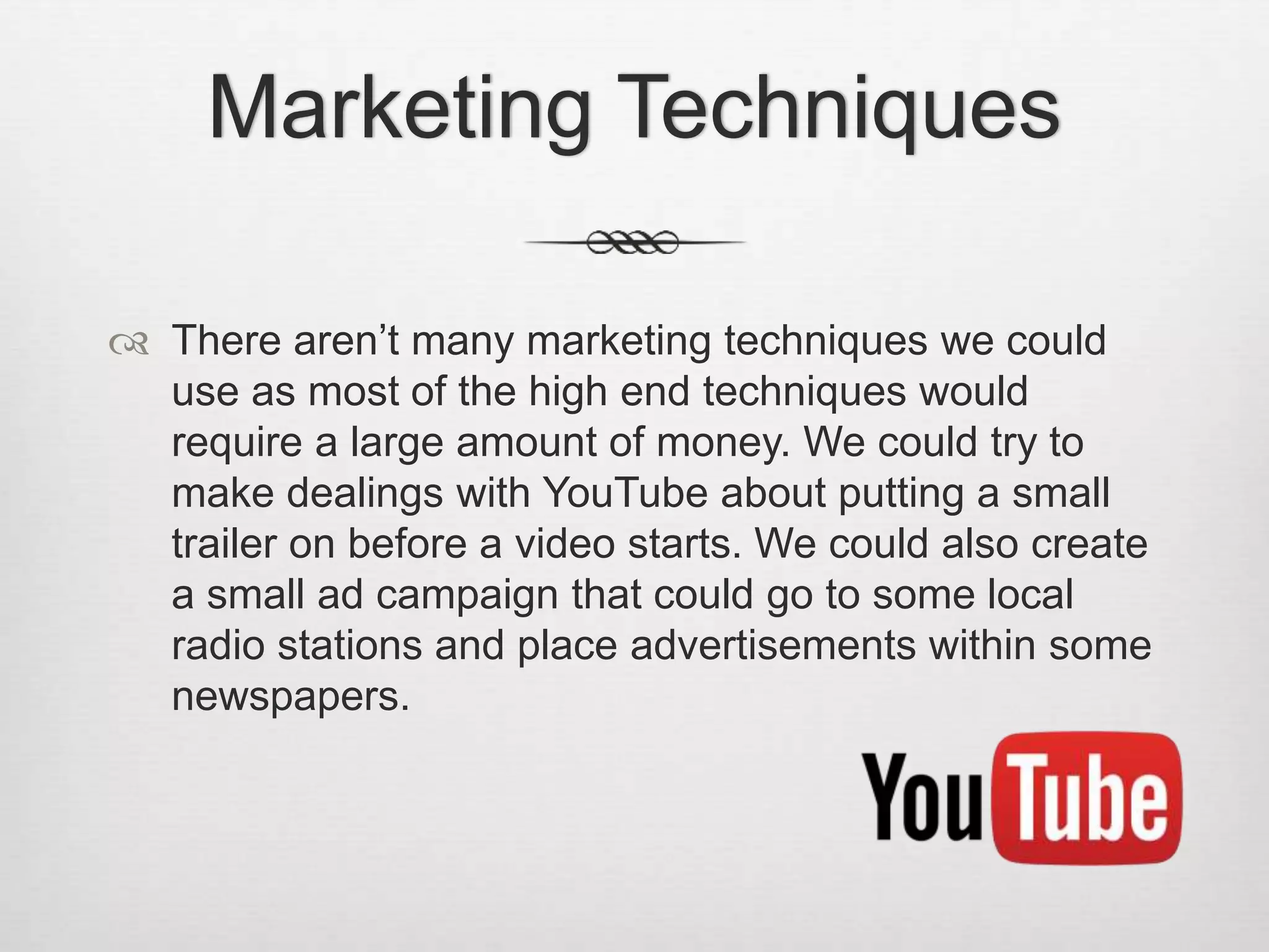 Marketing Techniques
 There aren’t many marketing techniques we could
use as most of the high end techniques would
require a large amount of money. We could try to
make dealings with YouTube about putting a small
trailer on before a video starts. We could also create
a small ad campaign that could go to some local
radio stations and place advertisements within some
newspapers.
 