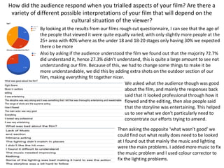 How did the audience respond when you trialled aspects of your film? Are there a
variety of different possible interpretations of your film that will depend on the
cultural situation of the viewer?
By looking at the results from our films rough cut questionnaire, I can see that the age of
the people that viewed it were quite equally varied, with only slightly more people at the
25+ area with 40% where as the under 18 and 18-20 stages only having 30% we expected
there o be more
Also by asking if the audience understood the film we found out that the majority 72.7%
did understand it, hence 27.3% didn’t understand, this is quite a large amount to see not
understanding our film. Because of this, we had to change some things to make it be
more understandable, we did this by adding extra shots on the outdoor section of our
film, making everything fit together nicer.
We asked what the audience though was good
about the film, and mainly the responses back
said that it looked professional through how it
flowed and the editing, then also people said
that the storyline was entertaining. This helped
us to see what we don't particularly need to
concentrate our efforts trying to amend.
Then asking the opposite ‘what wasn’t good’ we
could find out what really does need to be looked
at I found out that mainly the music and lighting
were the main problems. I added more music to fix
the music problem and I used colour corrector to
fix the lighting problems.
 