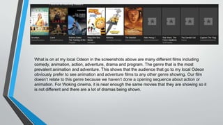 What is on at my local Odeon in the screenshots above are many different films including
comedy, animation, action, adventure, drama and program. The genre that is the most
prevalent animation and adventure. This shows that the audience that go to my local Odeon
obviously prefer to see animation and adventure films to any other genre showing. Our film
doesn’t relate to this genre because we haven’t done a opening sequence about action or
animation. For Woking cinema, it is near enough the same movies that they are showing so it
is not different and there are a lot of dramas being shown.
 