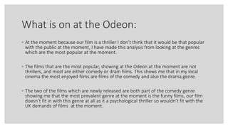 What is on at the Odeon:
◦ At the moment because our film is a thriller I don’t think that it would be that popular
with the public at the moment, I have made this analysis from looking at the genres
which are the most popular at the moment.
◦ The films that are the most popular, showing at the Odeon at the moment are not
thrillers, and most are either comedy or dram films. This shows me that in my local
cinema the most enjoyed films are films of the comedy and also the drama genre.
◦ The two of the films which are newly released are both part of the comedy genre
showing me that the most prevalent genre at the moment is the funny films, our film
doesn’t fit in with this genre at all as it a psychological thriller so wouldn’t fit with the
UK demands of films at the moment.
 