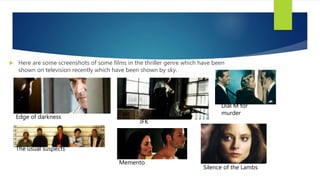  Here are some screenshots of some films in the thriller genre which have been
shown on television recently which have been shown by sky.
Edge of darkness
JFK
The usual suspects
Memento
Dial M for
murder
Silence of the Lambs
 