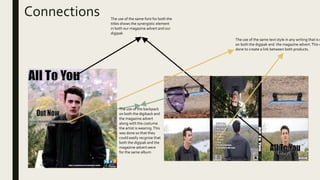 Connections The use of the same font for both the
titles shows the synergistic element
in both our magazine advert and our
digipak
The use of the same text style in any writing that is d
on both the digipak and the magazine advert.This w
done to create a link between both products.
The use of the backpack
on both the digiback and
the magazine advert
along with the costume
the artist is wearing.This
was done so that they
could easily recgnise that
both the digipak and the
magazine advert were
for the same album
 