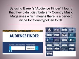 By using Bauer’s “Audience Finder” I found
that they didn’t distribute any Country Music
Magazines which means there is a perfect
niche for Countrypolitan to fill.
 