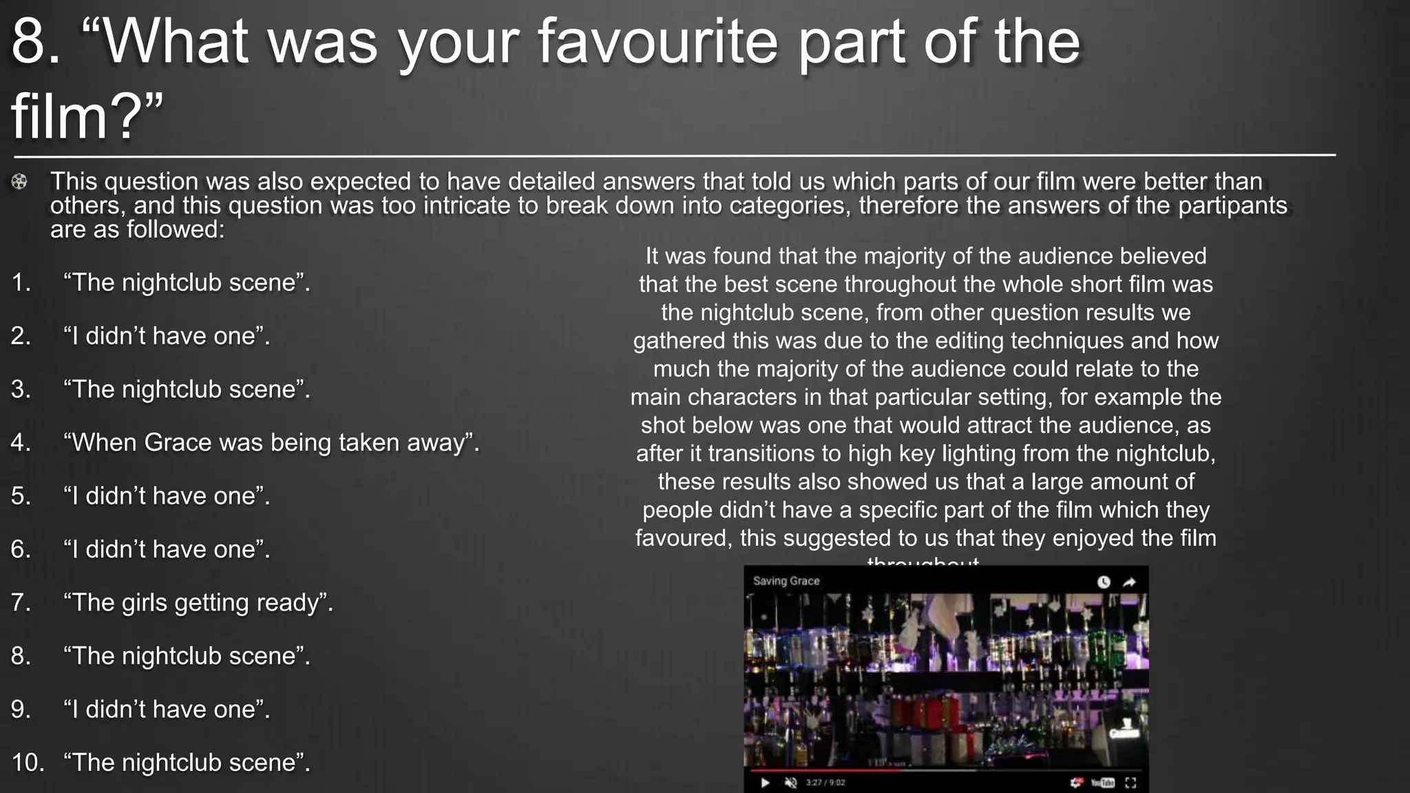 8. “What was your favourite part of the
film?”
This question was also expected to have detailed answers that told us which parts of our film were better than
others, and this question was too intricate to break down into categories, therefore the answers of the partipants
are as followed:
1. “The nightclub scene”.
2. “I didn’t have one”.
3. “The nightclub scene”.
4. “When Grace was being taken away”.
5. “I didn’t have one”.
6. “I didn’t have one”.
7. “The girls getting ready”.
8. “The nightclub scene”.
9. “I didn’t have one”.
10. “The nightclub scene”.
It was found that the majority of the audience believed
that the best scene throughout the whole short film was
the nightclub scene, from other question results we
gathered this was due to the editing techniques and how
much the majority of the audience could relate to the
main characters in that particular setting, for example the
shot below was one that would attract the audience, as
after it transitions to high key lighting from the nightclub,
these results also showed us that a large amount of
people didn’t have a specific part of the film which they
favoured, this suggested to us that they enjoyed the film
throughout.
 