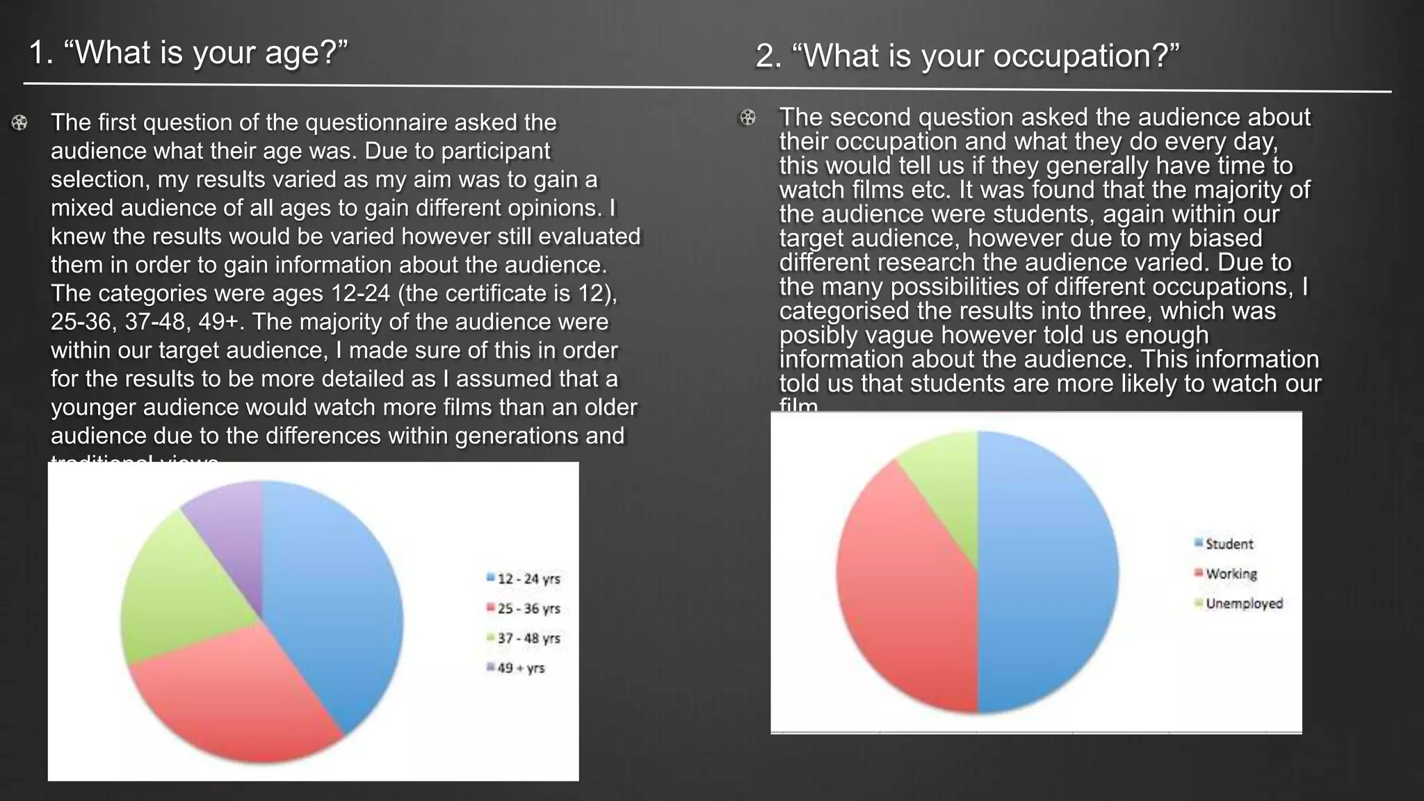The first question of the questionnaire asked the
audience what their age was. Due to participant
selection, my results varied as my aim was to gain a
mixed audience of all ages to gain different opinions. I
knew the results would be varied however still evaluated
them in order to gain information about the audience.
The categories were ages 12-24 (the certificate is 12),
25-36, 37-48, 49+. The majority of the audience were
within our target audience, I made sure of this in order
for the results to be more detailed as I assumed that a
younger audience would watch more films than an older
audience due to the differences within generations and
traditional views.
1. “What is your age?” 2. “What is your occupation?”
The second question asked the audience about
their occupation and what they do every day,
this would tell us if they generally have time to
watch films etc. It was found that the majority of
the audience were students, again within our
target audience, however due to my biased
different research the audience varied. Due to
the many possibilities of different occupations, I
categorised the results into three, which was
posibly vague however told us enough
information about the audience. This information
told us that students are more likely to watch our
film.
 