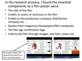 In the research process, I found the essential
components to a film poster were:
• The title of the film
• Credits to actors or actresses in the film
• Credits to the production company, distribution
company etc.
• Quotes from magazines/newspapers/film companies
• The film age certification logo
• Links to the film through images, text font, colour etc.
My analysis about the
conventions found in a
rom- com film poster
 