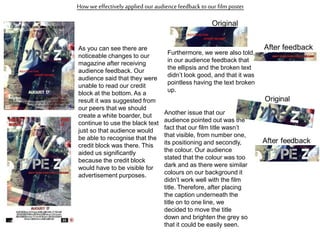 How weeffectively applied our audience feedback to our film poster
As you can see there are
noticeable changes to our
magazine after receiving
audience feedback. Our
audience said that they were
unable to read our credit
block at the bottom. As a
result it was suggested from
our peers that we should
create a white boarder, but
continue to use the black text
just so that audience would
be able to recognise that the
credit block was there. This
aided us significantly
because the credit block
would have to be visible for
advertisement purposes.
Furthermore, we were also told,
in our audience feedback that
the ellipsis and the broken text
didn’t look good, and that it was
pointless having the text broken
up.
Original
After feedback
Another issue that our
audience pointed out was the
fact that our film title wasn’t
that visible, from number one,
its positioning and secondly,
the colour. Our audience
stated that the colour was too
dark and as there were similar
colours on our background it
didn’t work well with the film
title. Therefore, after placing
the caption underneath the
title on to one line, we
decided to move the title
down and brighten the grey so
that it could be easily seen.
 
