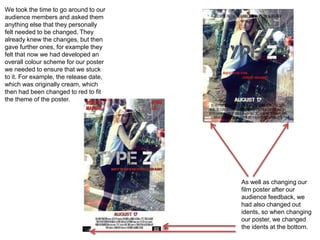 We took the time to go around to our
audience members and asked them
anything else that they personally
felt needed to be changed. They
already knew the changes, but then
gave further ones, for example they
felt that now we had developed an
overall colour scheme for our poster
we needed to ensure that we stuck
to it. For example, the release date,
which was originally cream, which
then had been changed to red to fit
the theme of the poster.
As well as changing our
film poster after our
audience feedback, we
had also changed out
idents, so when changing
our poster, we changed
the idents at the bottom.
 