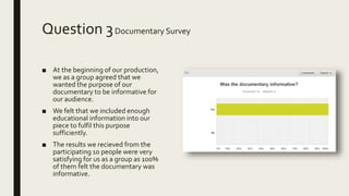 Question 3Documentary Survey
■ At the beginning of our production,
we as a group agreed that we
wanted the purpose of our
documentary to be informative for
our audience.
■ We felt that we included enough
educational information into our
piece to fulfil this purpose
sufficiently.
■ The results we recieved from the
participating 10 people were very
satisfying for us as a group as 100%
of them felt the documentary was
informative.
 