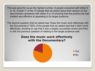 This was good for us as the highest number of people answered with either 9
or 10, overall 11 of the 15 people that we asked about their opinion on the
documentary answered with either 9 or 10 showing that the product we had
created was effective at appealing to its target audience.
The second question that we asked was ‘Does the music work effectively with
the Documentary?’ 80% of the people that we asked said that it didn’t work
effectively; showing to use that it was a largely successful choice and links
in with the previous question of relating to the target audience well.

Does the music work effectively
with the Documentary?

Yes
No

 