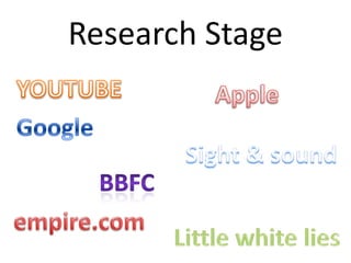 Research Stage YOUTUBE Apple Google Sight & sound BBFC empire.com  Little white lies 