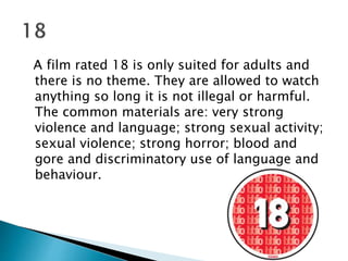 A film rated 18 is only suited for adults and 
there is no theme. They are allowed to watch 
anything so long it is not illegal or harmful. 
The common materials are: very strong 
violence and language; strong sexual activity; 
sexual violence; strong horror; blood and 
gore and discriminatory use of language and 
behaviour. 
 
