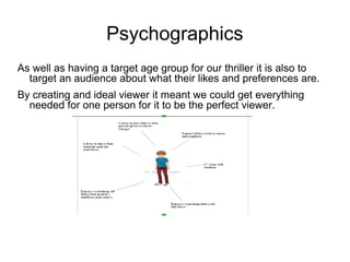 Psychographics
As well as having a target age group for our thriller it is also to
target an audience about what their likes and preferences are.
By creating and ideal viewer it meant we could get everything
needed for one person for it to be the perfect viewer.
 