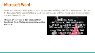 Microsoft Word
I used Microsoft word during post production to create the billing block for our film poster. I did this
by downloading the traditional billing block font from google and then typing up all the information
that was needed for this.
This was an easy way to do it because I then
transferred this to Photoshop very quickly and that
was done.
 