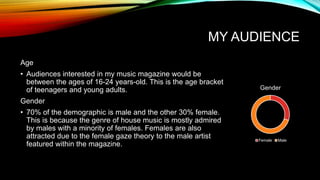 MY AUDIENCE
Age
• Audiences interested in my music magazine would be
between the ages of 16-24 years-old. This is the age bracket
of teenagers and young adults.
Gender
• 70% of the demographic is male and the other 30% female.
This is because the genre of house music is mostly admired
by males with a minority of females. Females are also
attracted due to the female gaze theory to the male artist
featured within the magazine.
Gender
Female Male
 