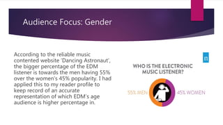 Audience Focus: Gender
According to the reliable music
contented website ‘Dancing Astronaut’,
the bigger percentage of the EDM
listener is towards the men having 55%
over the women’s 45% popularity. I had
applied this to my reader profile to
keep record of an accurate
representation of which EDM’s age
audience is higher percentage in.
 