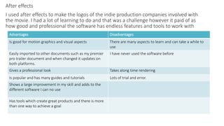 After effects
I used after effects to make the logos of the indie production companies involved with
the movie. I had a lot of learning to do and that was a challenge however it paid of as
how good and professional the software has endless features and tools to work with
Advantages Disadvantages
Is good for motion graphics and visual aspects There are many aspects to learn and can take a while to
use
Easily imported to other documents such as my premier
pro trailer document and when changed it updates on
both platforms.
I have never used the software before
Gives a professional look Takes along time rendering
Is popular and has many guides and tutorials Lots of trial and error.
Shows a large improvement in my skill and adds to the
different software I can no use
Has tools which create great products and there is more
than one way to achieve a goal
 
